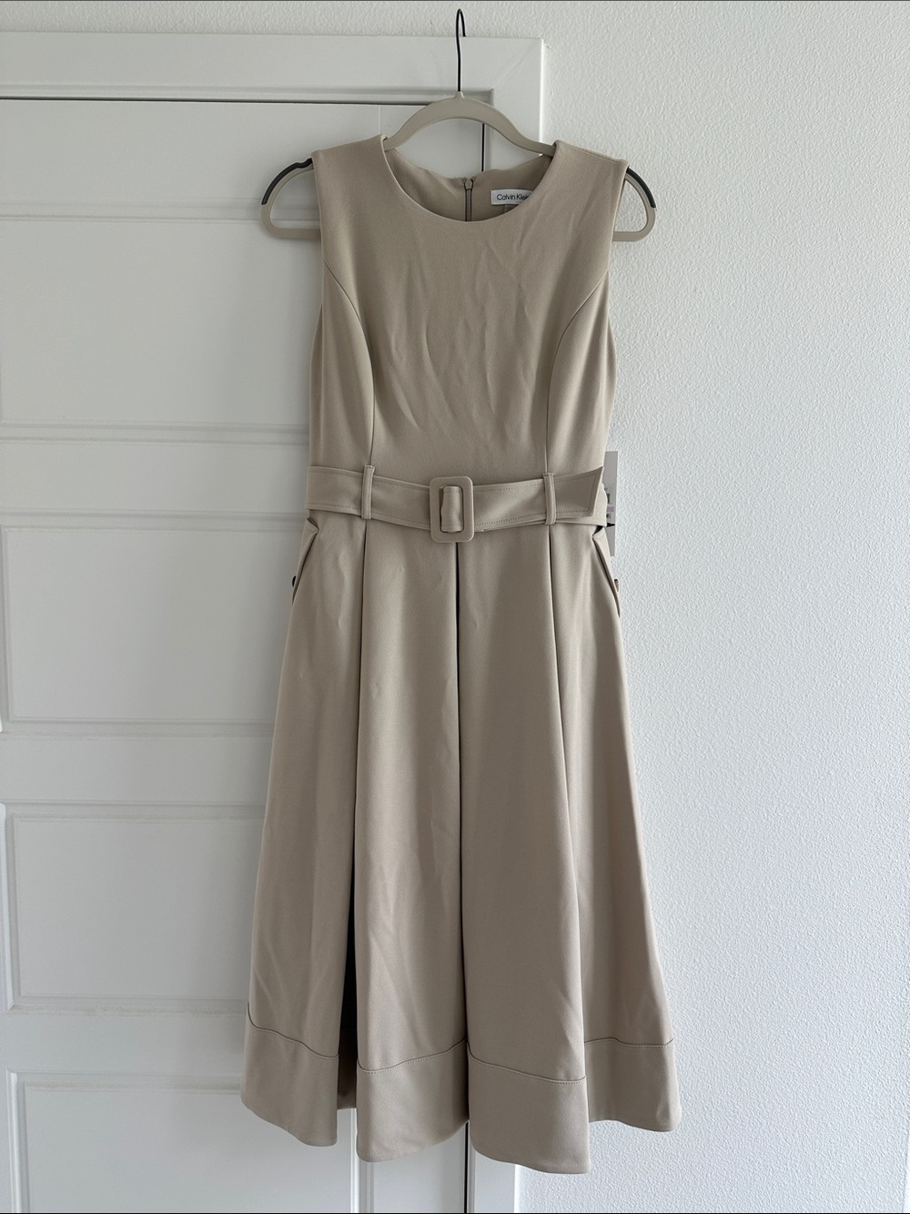 NWT Calvin Klein Sleeveless Beige Belted Midi Dress Size 6.